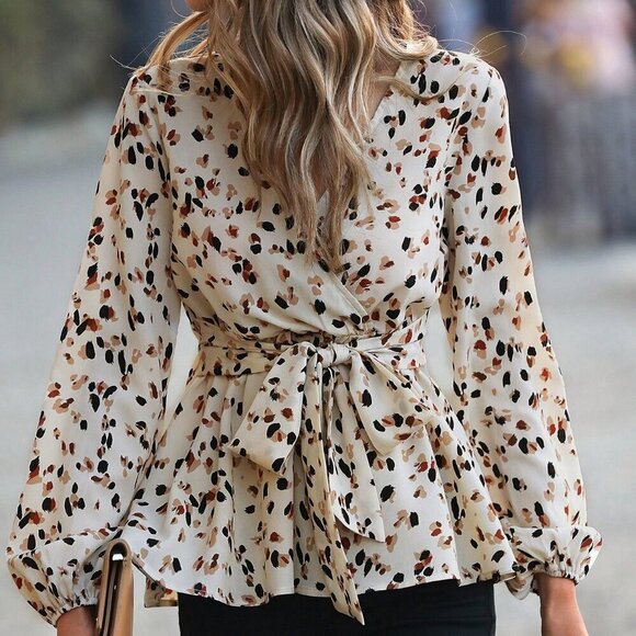 Apricot Casual Women's Allover Print Lantern Sleeve Belted Peplum Blouse - Picture 6 of 6